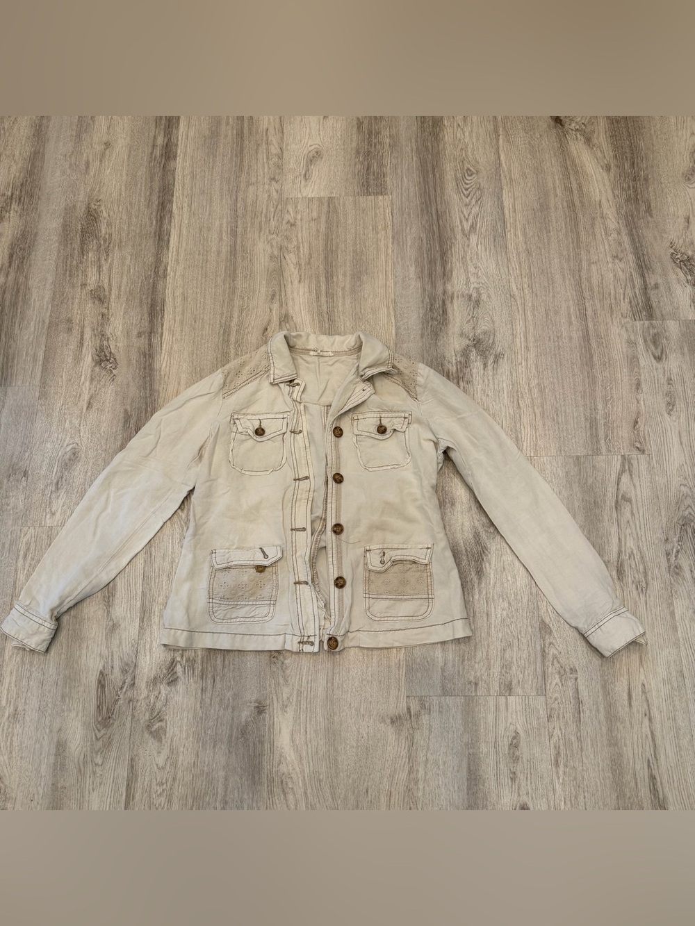 Maurices Linen Blend Utility Jacket Eyelet Beige Tan Size Small